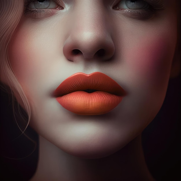 Primer plano de labios femeninos con lápiz labial naranja satinado creado con tecnología generativa ai