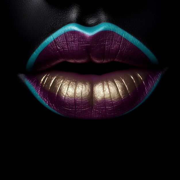 Foto un primer plano de los labios de una mujer con un aliado generativo de labios púrpura y azul