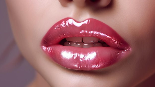 Un primer plano de los labios de una mujer con brillo labial rojo brillante