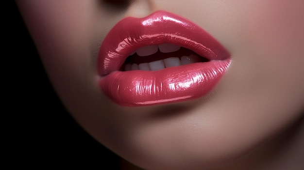 Un primer plano de los labios de una mujer con brillo labial rosa brillante.