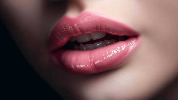 Un primer plano de los labios de una mujer con brillo de labios rosa ai generativo