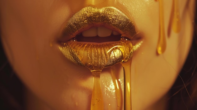 Primer plano de los labios de una mujer cubiertos de líquido dorado