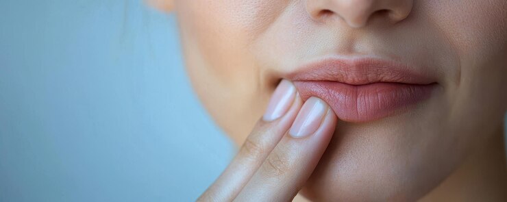 Un primer plano de los labios de la mujer con una expresión reflexiva su dedo tocando suavemente su boca la imagen transmite un sentido de contemplación y belleza