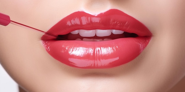 Un primer plano de los labios de una mujer con un labio rojo.