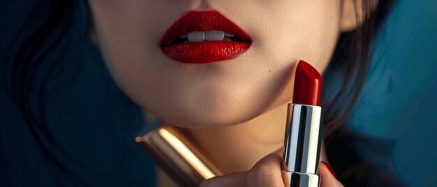 Primer plano de los labios de una mujer con lápiz labial rojo vibrante que muestra la belleza y la aplicación de maquillaje con un