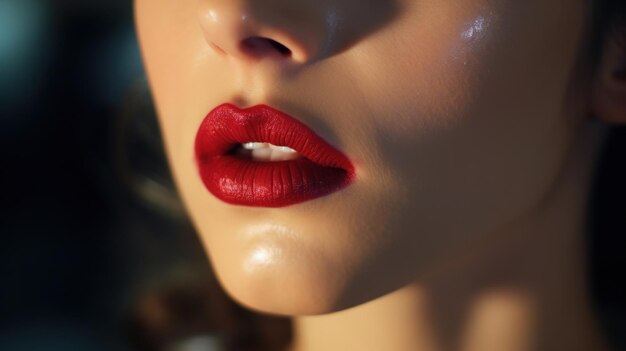 Primer plano de labios de mujer con lápiz labial rojo