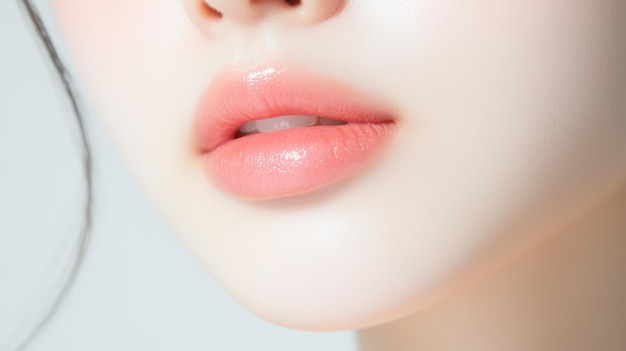 Primer plano de los labios de una mujer que muestran un acabado brillante y un color sutil en un entorno neutral