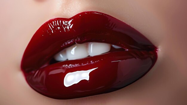 Primer plano de los labios de las mujeres con lápiz labial brillante de color rojo oscuro