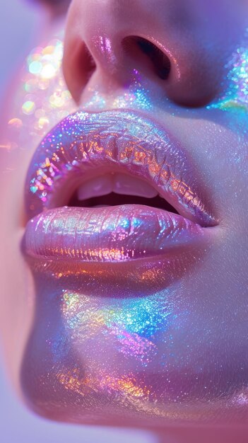 Foto primer plano de los labios de las mujeres con maquillaje holográfico de brillo