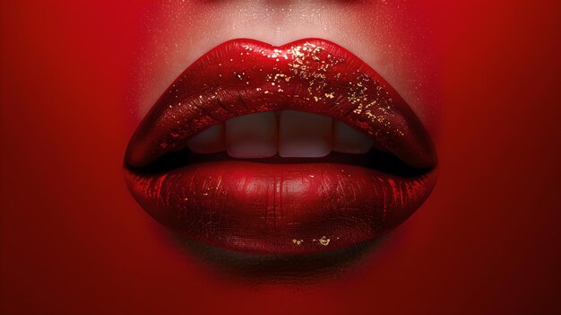 Primer plano de labios rojos brillantes sobre un fondo rojo profundo labios femeninos sensuales estilo glamuroso representación de maquillaje de alta calidad perfecta para conceptos de belleza IA