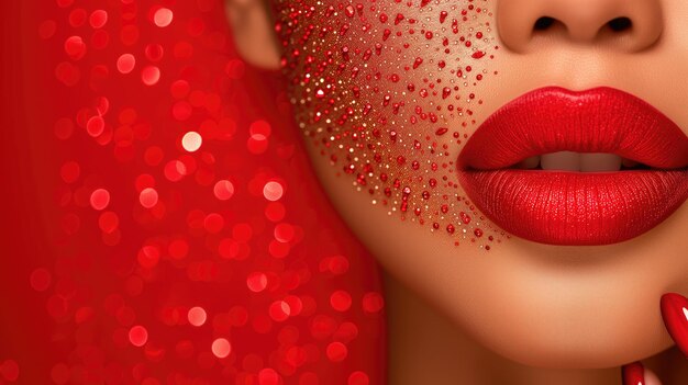 Foto primer plano de los labios rojos y brillantes