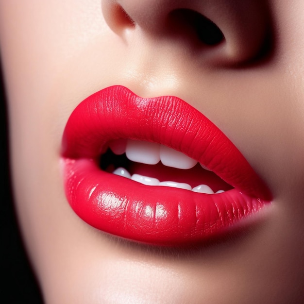 un primer plano de los labios rojos de una mujer con un labio rojo brillante.