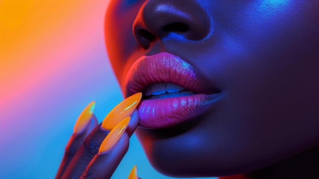 Primer plano de labios y uñas de estilo cohesivo, altos detalles, colores vibrantes, enfoque suave, IA generativa