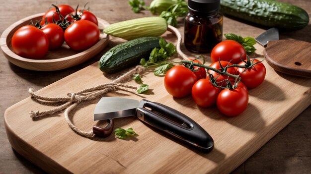 Primer plano de laboratorio microscopio óptico cuerda tomates pepinos cuchillo y tabla de corte de madera