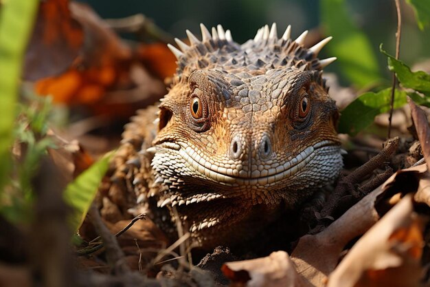 Primer plano de un lagarto camuflado contra un lagarto