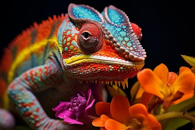 Un primer plano de un lagarto colorido con una cara amarilla y roja