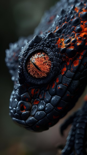 Primer plano de un lagarto esculpido con un ojo naranja detallado
