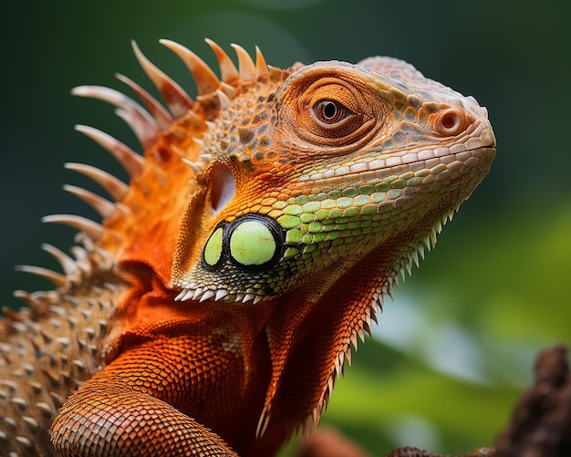 un primer plano de un lagarto naranja con ojos verdes