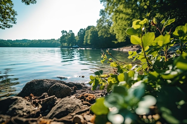 Un primer plano de un lago