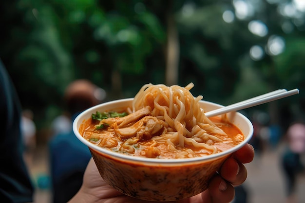 Primer plano de Laksa en mano frente al parque IA generativa