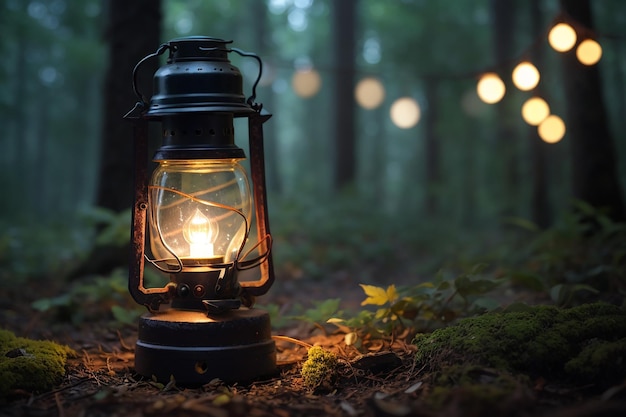 primer plano de una lámpara de aceite en el bosque con luces borrosas