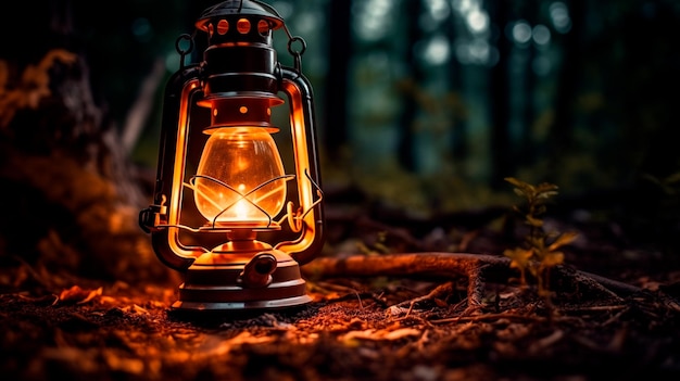 Primer plano de una lámpara de aceite en el bosque con luces borrosas