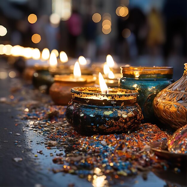 Foto un primer plano de una lámpara diya que brilla en la oscuridad durante diwali