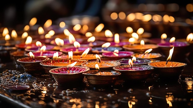 Un primer plano de una lámpara Diya que brilla en la oscuridad durante Diwali