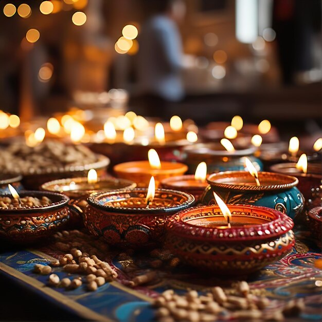 Un primer plano de una lámpara Diya que brilla en la oscuridad durante Diwali