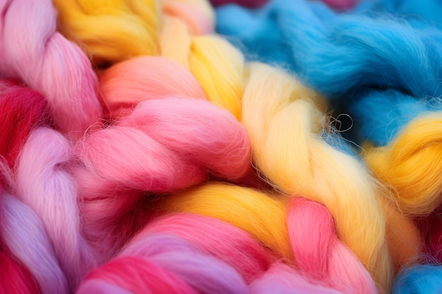 Un primer plano de lana rosa amarilla y azul