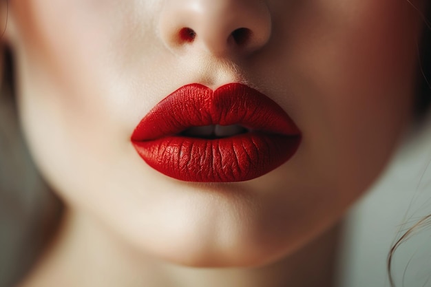 Primer plano de lápiz labial rojo en labios perfectos