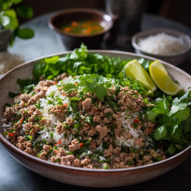 Primer plano de larb lao con hierbas frescas y chiles picantes