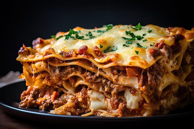 Primer plano de lasaña con capas de fideos, queso y carne visibles