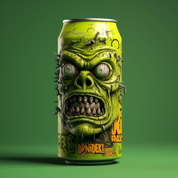 un primer plano de una lata de cerveza con una cara de zombi en ella generativa ai