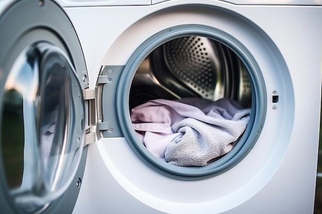 Primer plano de la lavadora con la ropa en el interior Foco selectivo