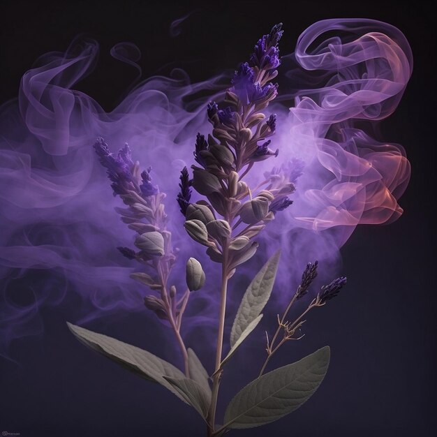 Primer plano de lavanda con IA generativa de humo de perfume fragante