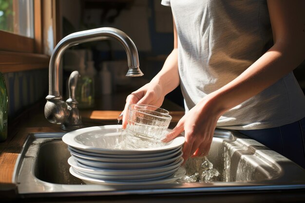 Primer plano de lavar los platos en el fregadero