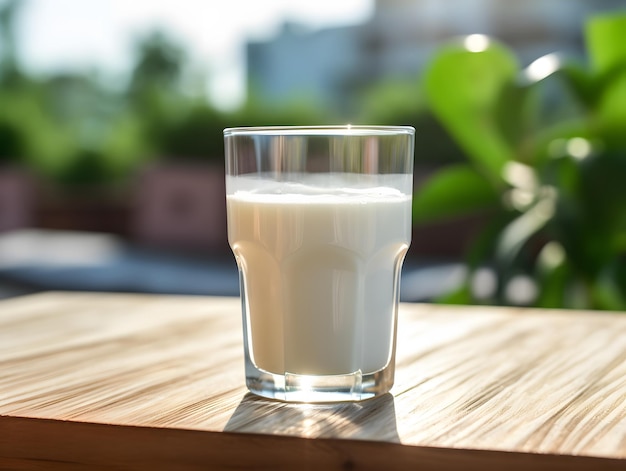 Un primer plano de leche pura en una mesa con un día soleado como telón de fondo IA generativa