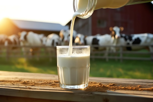 Un primer plano de la leche que se vierte en un vaso