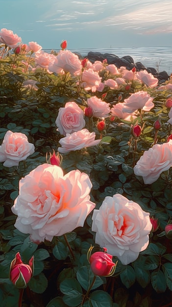 Un primer plano de un lecho de flores con rosas rosas