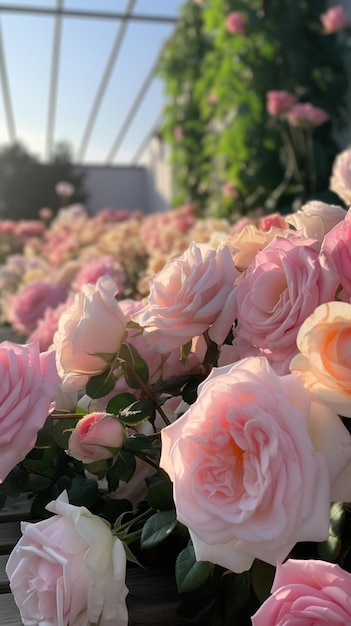 Un primer plano de un lecho de flores con rosas rosas