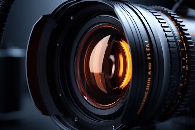 Un primer plano de la lente de una cámara de vídeo profesional con 00049 03.