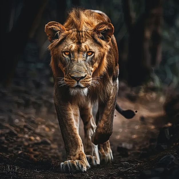 Un primer plano de un león caminando por un sendero