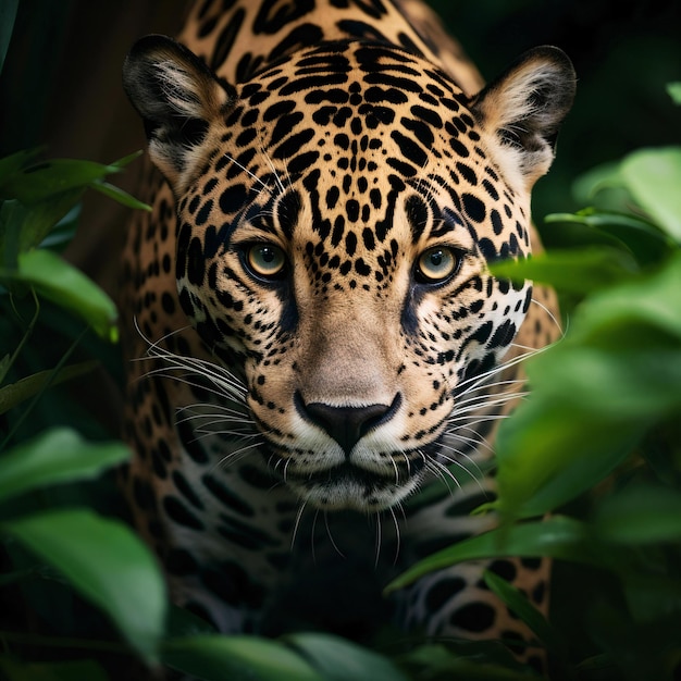 Primer plano de leopardo en el bosque.