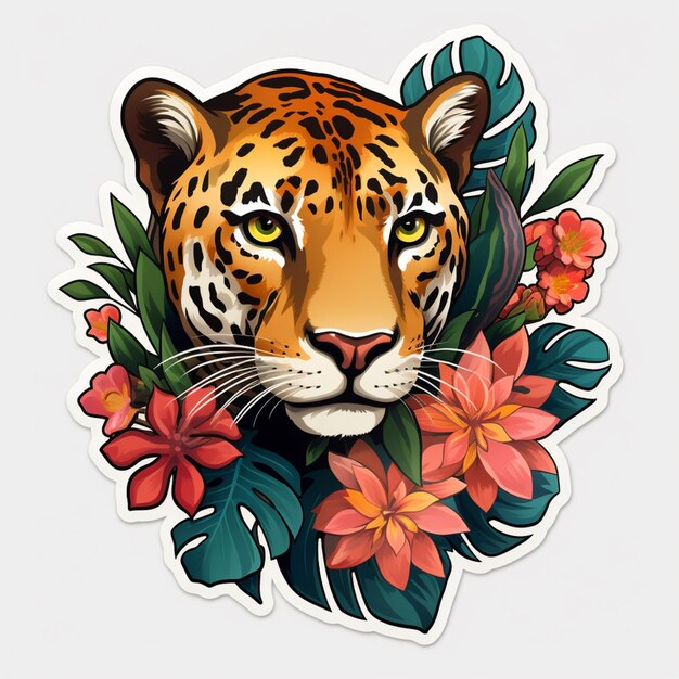 Foto un primer plano de un leopardo con flores y hojas en un fondo blanco