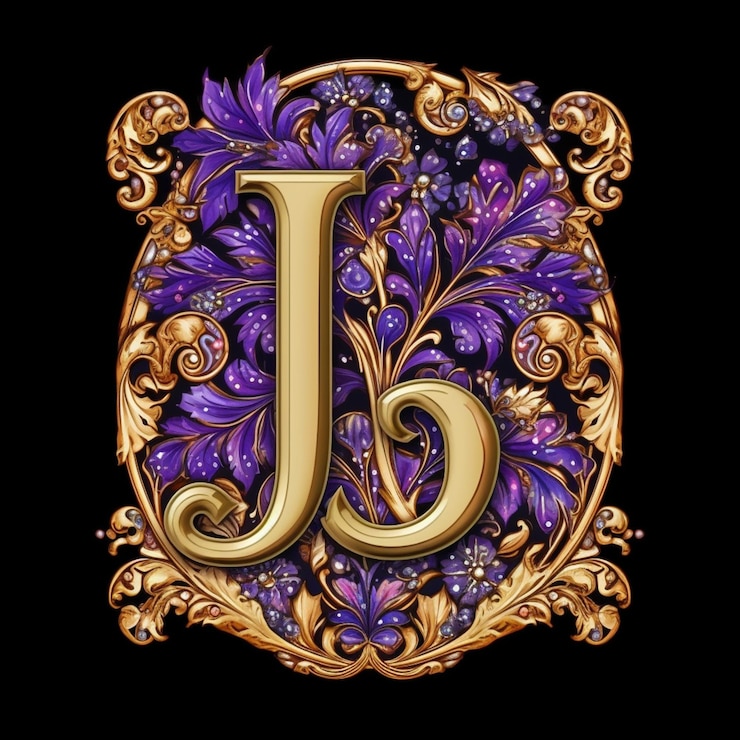 Foto un primer plano de una letra j dorada y morada con flores generativas ai