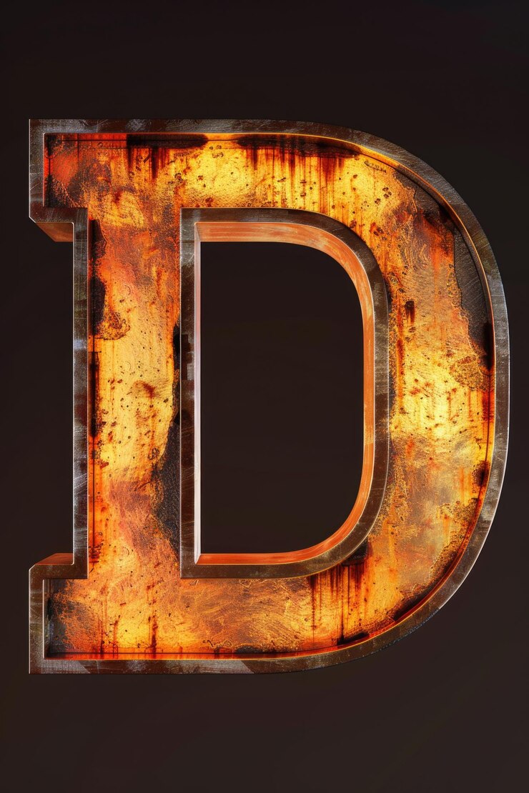 Foto un primer plano de una letra de metal oxidado d sobre un fondo oscuro