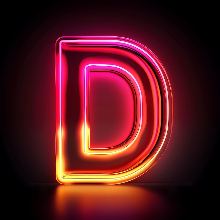Foto un primer plano de una letra de neón iluminada d en un fondo negro