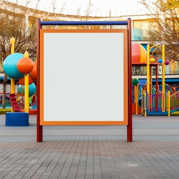 Un primer plano de un letrero en una acera de ladrillos cerca de un patio de recreo generativo ai