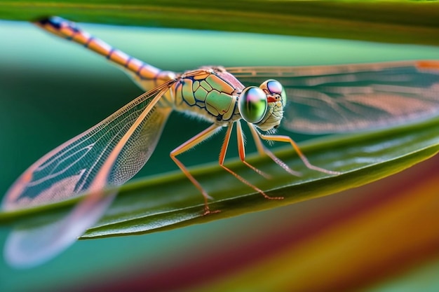 Foto primer plano de libélula en una hoja con un fondo verde exuberante capturado a corta distancia ia generativa